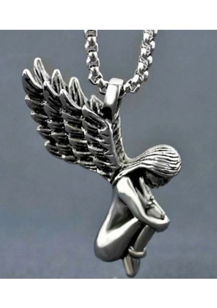 3 Boyut Tasarım Paslanmaz Çelik Uzun Zincirli Melek Kanat Angel Kolye