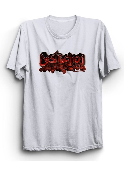 Destruction, Skulls, Rock Metal Müzik Grubu Beyaz Pamuk Tişört