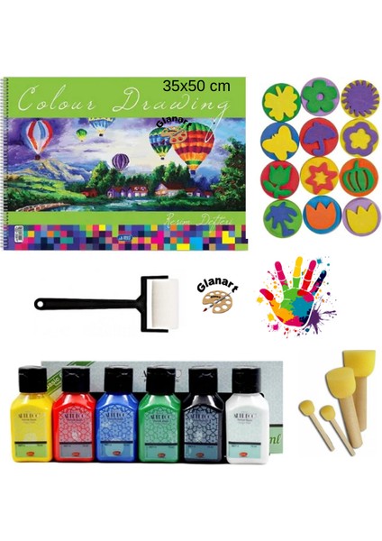 35X50 Resim Defteri + Artdeco 6X70 ml Parmak Boyası Seti Ponpon Fırçalı Set (Yıkanabilir)