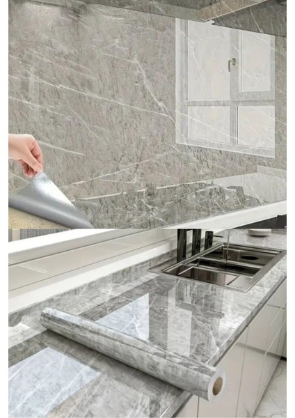 Mermer Desenli Sticker Folyo Duvar Kağıdı Şık Gri Tasarım (60CM x 5mt)
