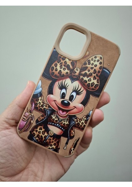 iPhone 13 iPhone 14 Kılıf Leopar Kalpli Ayıcıklı Hello Kitty Minnie Mouse Deri Görünümlü Süet Kılıf
