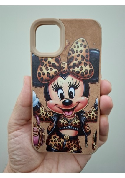 iPhone 13 iPhone 14 Kılıf Leopar Kalpli Ayıcıklı Hello Kitty Minnie Mouse Deri Görünümlü Süet Kılıf
