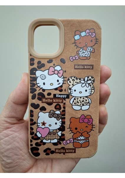 iPhone 13 iPhone 14 Kılıf Leopar Kalpli Ayıcıklı Hello Kitty Minnie Mouse Deri Görünümlü Süet Kılıf