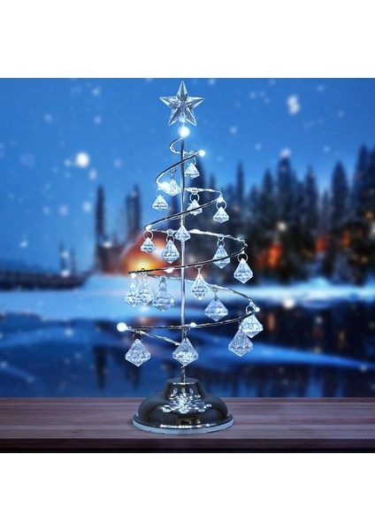 Vıp Kalite 20 cm Metal Kristal Sarkıtlı Yılbaşı Ağacı Beyaz LED Işıklı Noel Ağacı Gümüş Çam Ağacı