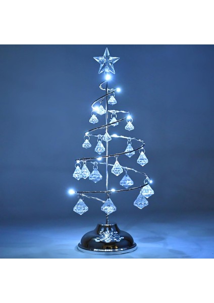 Vıp Kalite 20 cm Metal Kristal Sarkıtlı Yılbaşı Ağacı Beyaz LED Işıklı Noel Ağacı Gümüş Çam Ağacı