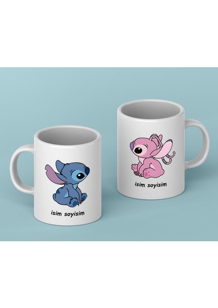 Stitch&angel 2'li Çift Kupası Kişiye Özel Porselen Hediyelik Kupa Bardak