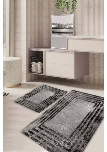 Dijital Baskılı Kaymaz Taban Banyo Paspas Seti 2'li 60x100 Siyah
