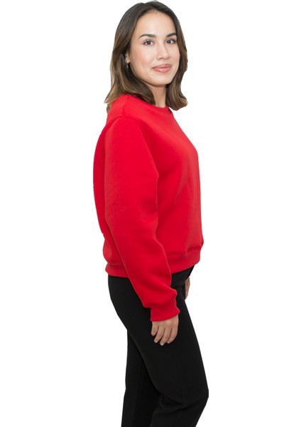 Kadın Kırmızı Yuvarlak Yaka Krop Model Oversize Şardonlu Swetshirt