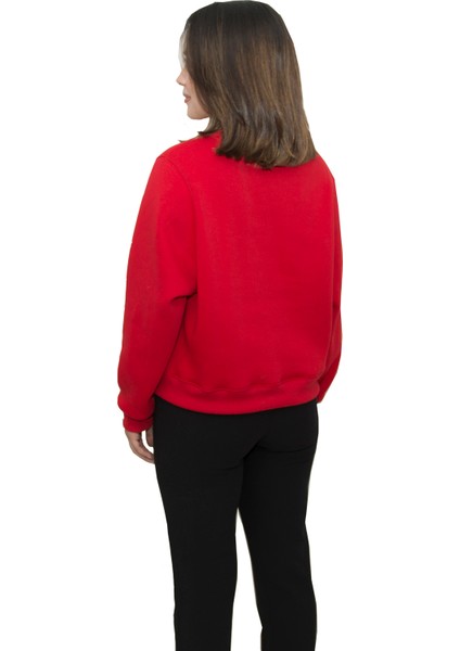 Kadın Kırmızı Yuvarlak Yaka Krop Model Oversize Şardonlu Swetshirt