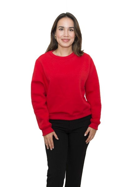 Kadın Kırmızı Yuvarlak Yaka Krop Model Oversize Şardonlu Swetshirt