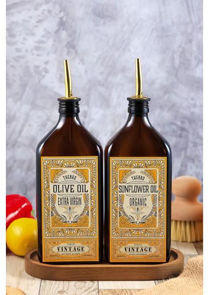 500ML Amber Renkli Vintage Premium Gold Ahşap Stantlı Zeytinyağı Şişesi ve Ayçiçek Yağı Şişesi