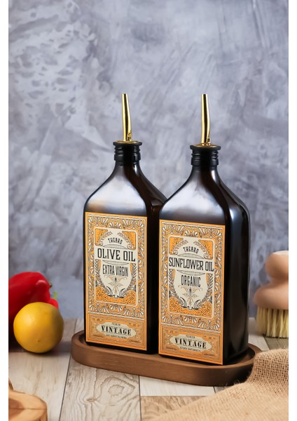 500ML Amber Renkli Vintage Premium Gold Ahşap Stantlı Zeytinyağı Şişesi ve Ayçiçek Yağı Şişesi modelleri