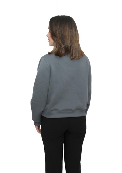 Kadın Antrasit Yuvarlak Yaka Krop Model Oversize Şardonlu Swetshirt