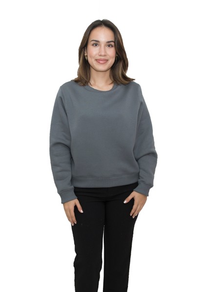 Kadın Antrasit Yuvarlak Yaka Krop Model Oversize Şardonlu Swetshirt