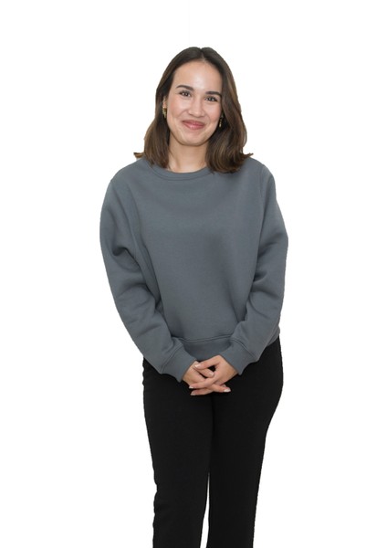 Kadın Antrasit Yuvarlak Yaka Krop Model Oversize Şardonlu Swetshirt