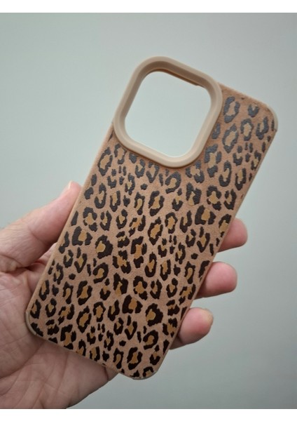 iPhone 15 Pro Max Kılıf Leopar Desenli Kamera Çıkıntılı Deri Görünümlü Süet Silikon Kılıf