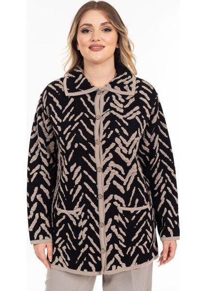 Yeni Sezon Kadın Triko Örgü Sıkı Dokuma Düğmeli Gömlek Yaka Anne Kışlık Hırka 32043-SIYAH