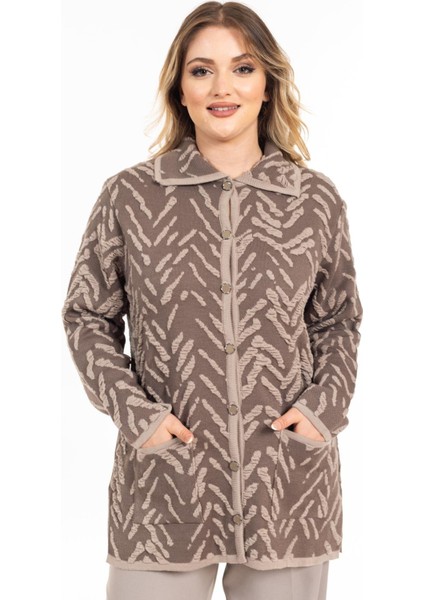 Yeni Sezon Kadın Triko Örgü Sıkı Dokuma Düğmeli Gömlek Yaka Anne Kışlık Hırka 32043-VIZON