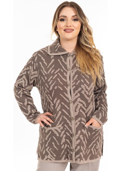 Yeni Sezon Kadın Triko Örgü Sıkı Dokuma Düğmeli Gömlek Yaka Anne Kışlık Hırka 32043-VIZON modelleri