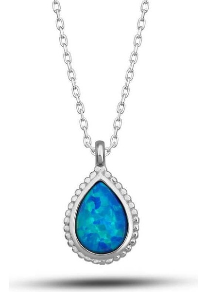 Gümüş Damla Mavi Opal Taşlı Kadın Kolye