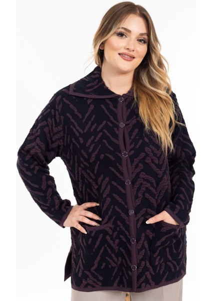 Yeni Sezon Kadın Triko Örgü Sıkı Dokuma Düğmeli Gömlek Yaka Anne Kışlık Hırka 32043-MÜRDÜM