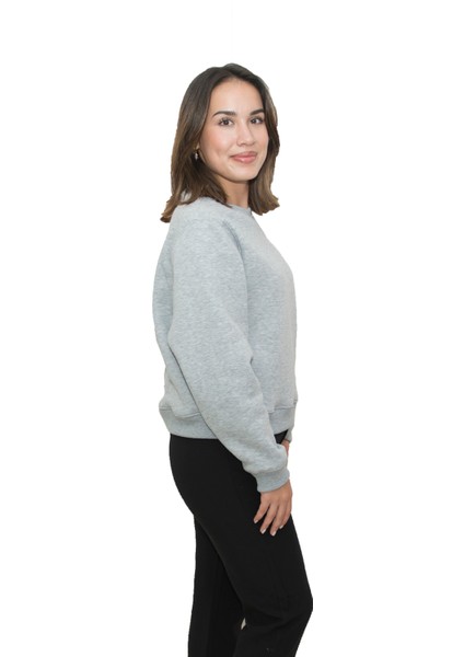 Kadın Gri Melanj Yuvarlak Yaka Krop Model Oversize Şardonlu Swetshirt