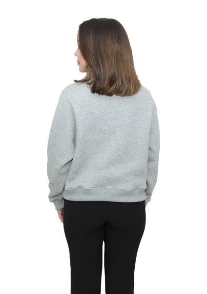 Kadın Gri Melanj Yuvarlak Yaka Krop Model Oversize Şardonlu Swetshirt