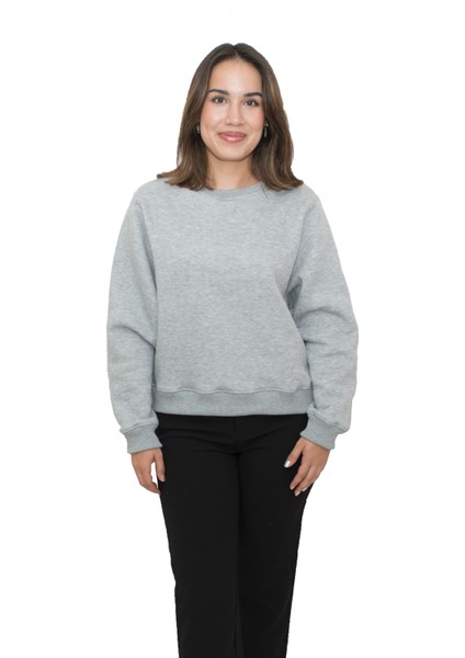 Kadın Gri Melanj Yuvarlak Yaka Krop Model Oversize Şardonlu Swetshirt