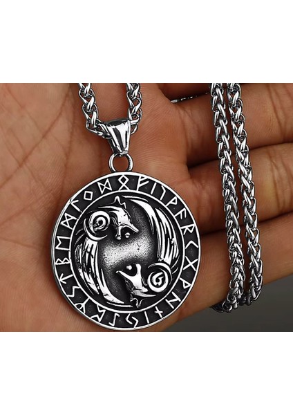 Çift Taraflı Kullanım Iskandinav Mitoloji Geri- Freki Kurt Kolye -Viking Madalyon Kolye