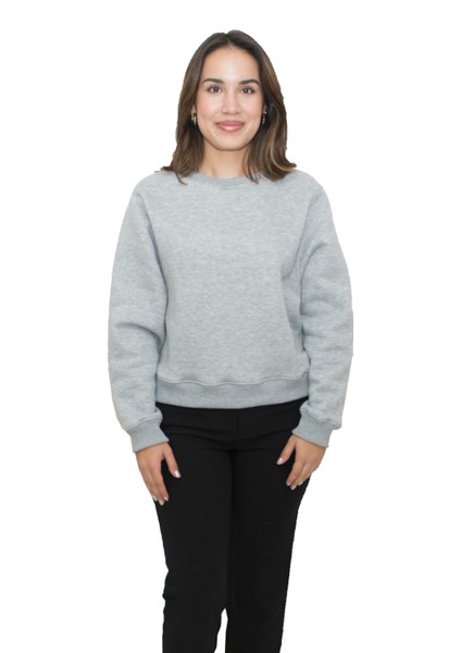 Kadın Gri Melanj Yuvarlak Yaka Krop Model Oversize Şardonlu Swetshirt