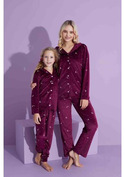 Yeni Sezon Ay Desenli Trend Model Düğmeli Kadife Anne/kız Çocuk Pijama Takımı 2800-VIŞNE Çürüğü Ay