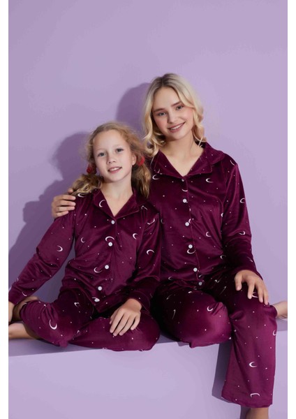 Yeni Sezon Ay Desenli Trend Model Düğmeli Kadife Anne/kız Çocuk Pijama Takımı 2800-VIŞNE Çürüğü Ay fiyatları