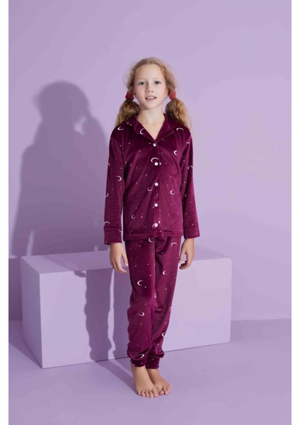 Yeni Sezon Ay Desenli Trend Model Düğmeli Kadife Anne/kız Çocuk Pijama Takımı 2800-VIŞNE Çürüğü Ay modelleri