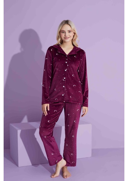 Yeni Sezon Ay Desenli Trend Model Düğmeli Kadife Anne/kız Çocuk Pijama Takımı 2800-VIŞNE Çürüğü Ay fırsatları