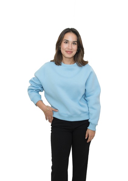Kadın Bebe Mavisi Yuvarlak Yaka Krop Model Oversize Şardonlu Swetshirt