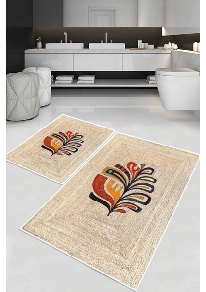Yıkanabilir jüt görünümlü modern banyo halısı ve klozet takımı, kaymaz tabanlı, çok renkli