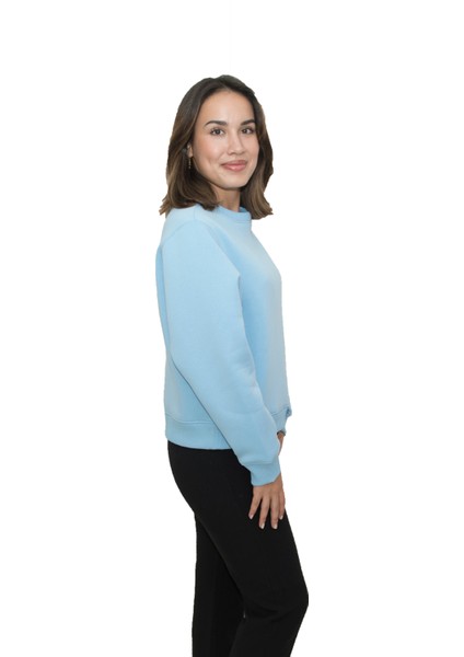 Kadın Bebe Mavisi Yuvarlak Yaka Krop Model Oversize Şardonlu Swetshirt