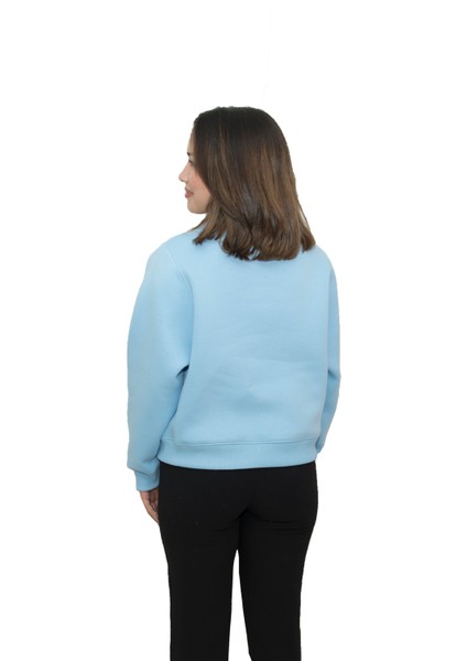 Kadın Bebe Mavisi Yuvarlak Yaka Krop Model Oversize Şardonlu Swetshirt