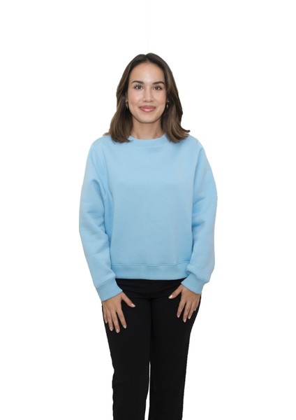 Kadın Bebe Mavisi Yuvarlak Yaka Krop Model Oversize Şardonlu Swetshirt