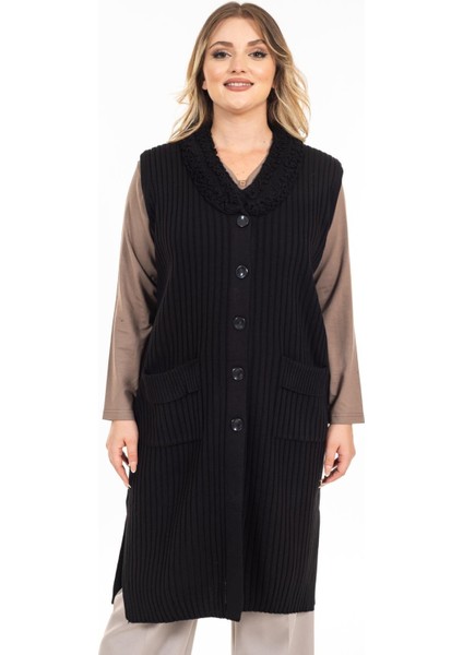 Kadın Orta Yaş ve Üzeri Cepli Triko Örgü Anne Uzun Yelek 2458