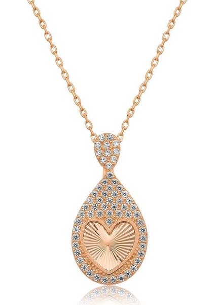 Gümüş Rose Damla Kalp Bayan Kolye