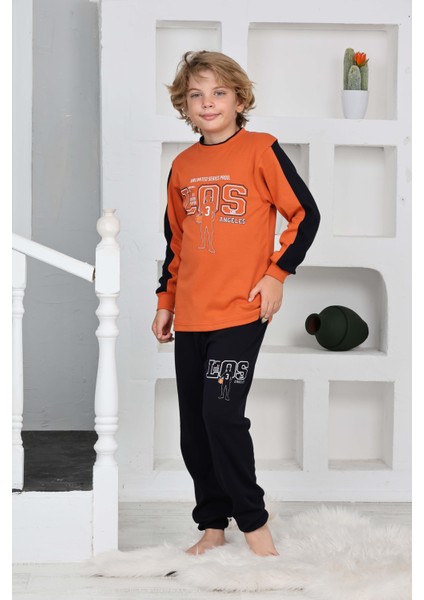 Erkek Çocuk Gez Garson Los Basketball Desenli Uzun Kollu Pamuk Interlok Pijama Takımı 5158-TURUNCU