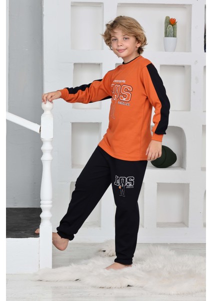 Erkek Çocuk Gez Garson Los Basketball Desenli Uzun Kollu Pamuk Interlok Pijama Takımı 5158-TURUNCU