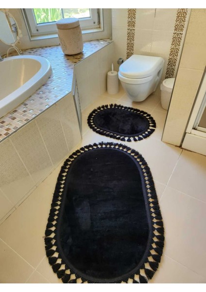 Yıkanabilir Saçaklı Kaymaz Dot Taban Yumuşak Peluş Banyo Paspası 2'Li Set 60x100ve40x60cm