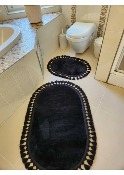 Yıkanabilir Saçaklı Kaymaz Dot Taban Yumuşak Peluş Banyo Paspası 2'Li Set 60x100ve40x60cm