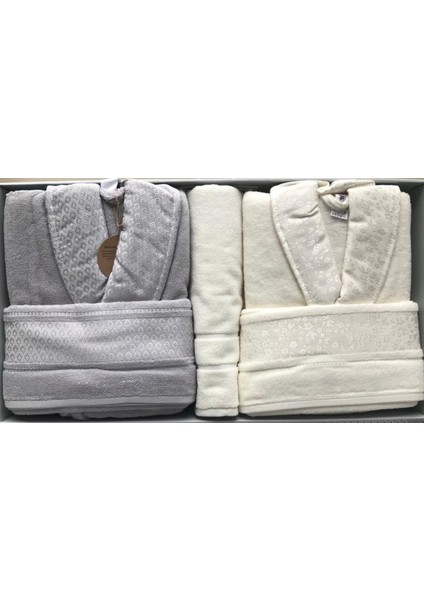 Camellia Gri Krem Aile Bornoz Seti ve Banyo Paspası, Pamuk, 2 Parça