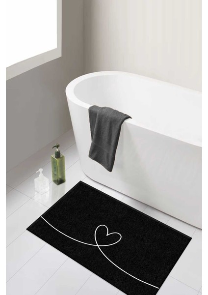 Yıkanabilir Kalpli Banyo Halısı, Siyah, 60x100 cm, Polyester, Tek Parça