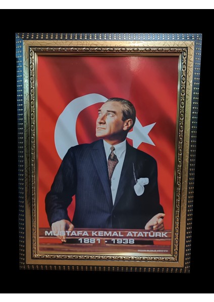 Atatürk Portresi Yaldız Sarı Siyah Çerçeveli 45 x 60 cm