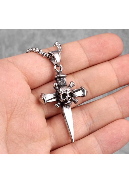 Paslanmaz Çelik Haç Detaylı Kurukafa Kolye / 70 cm Zincirli