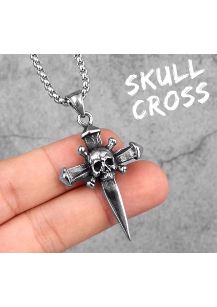 Paslanmaz Çelik Haç Detaylı Kurukafa Kolye / 70 cm Zincirli modelleri